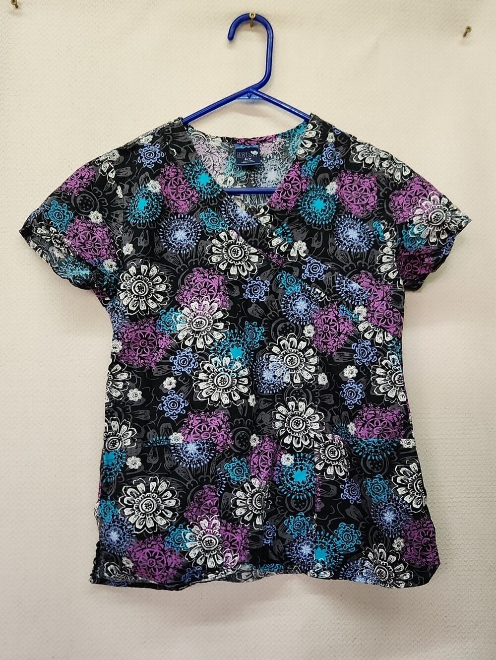 Cherokee Black Floral V-Neck Scrub Top with Purple & Teal Flowers
